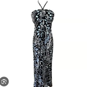 J. McLaughlin Mykonos Black and Blue Patterned Halter Maxi Dress